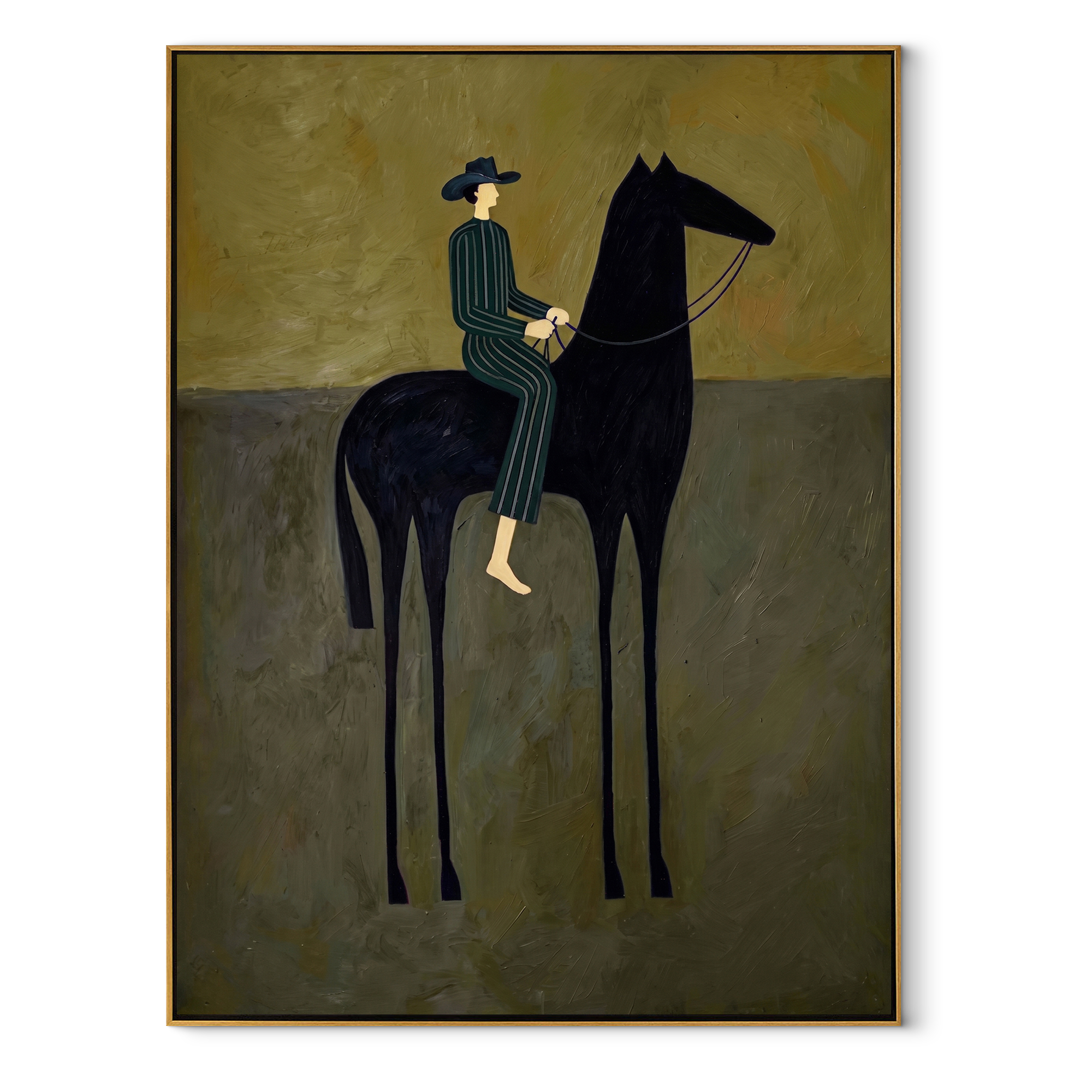 Blue Stripes Sit above the Black Horse - striped horse rider painting by Isabelle Laurent, modern Western vertical wall art – wood frame on white background