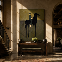 Blue Stripes Sit above the Black Horse - striped horse rider painting by Isabelle Laurent, modern Western vertical wall art – styled room scene view 2