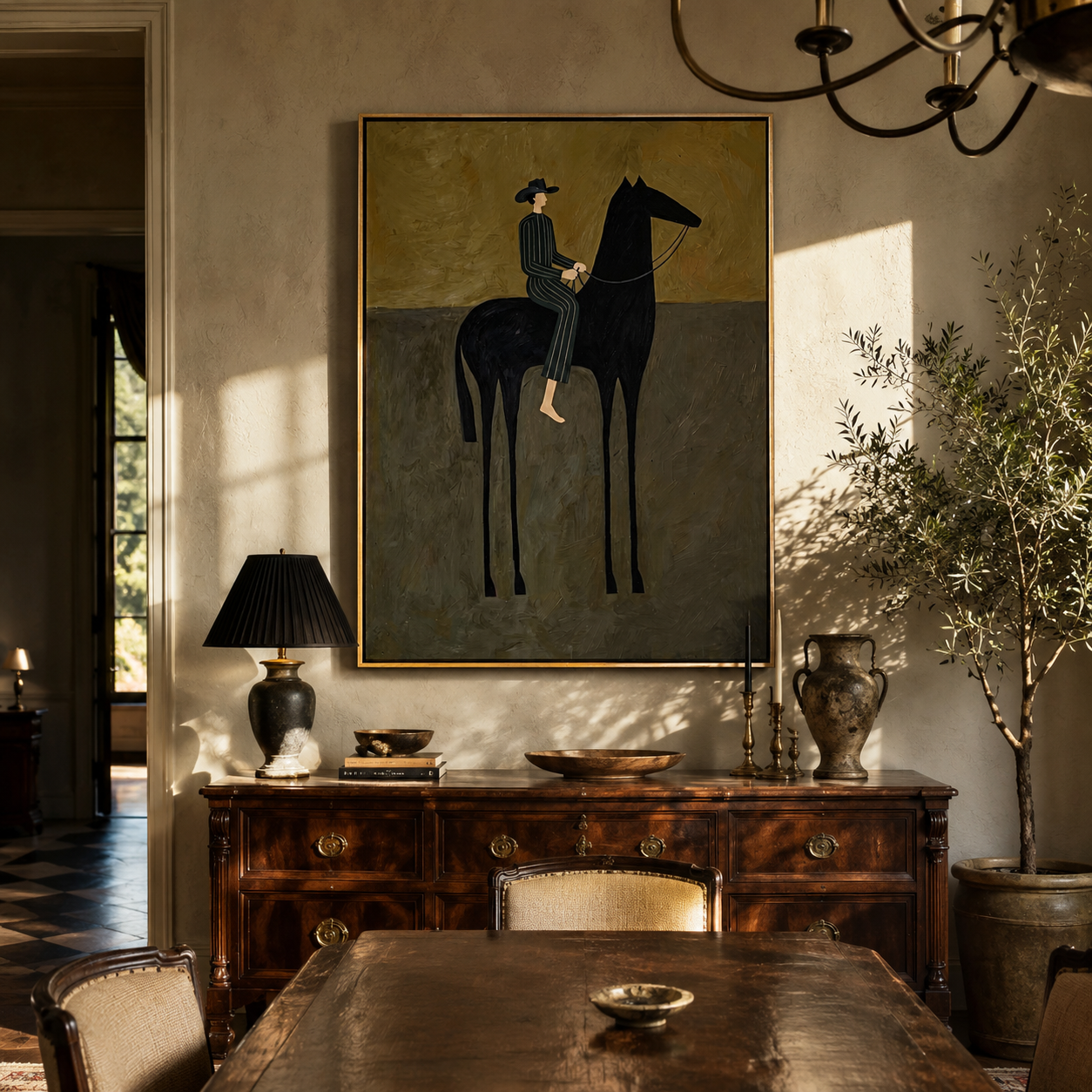 Blue Stripes Sit above the Black Horse - striped horse rider painting by Isabelle Laurent, modern Western vertical wall art – styled room scene view 3