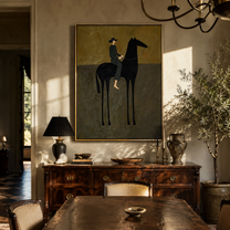 Blue Stripes Sit above the Black Horse - striped horse rider painting by Isabelle Laurent, modern Western vertical wall art – styled room scene view 3