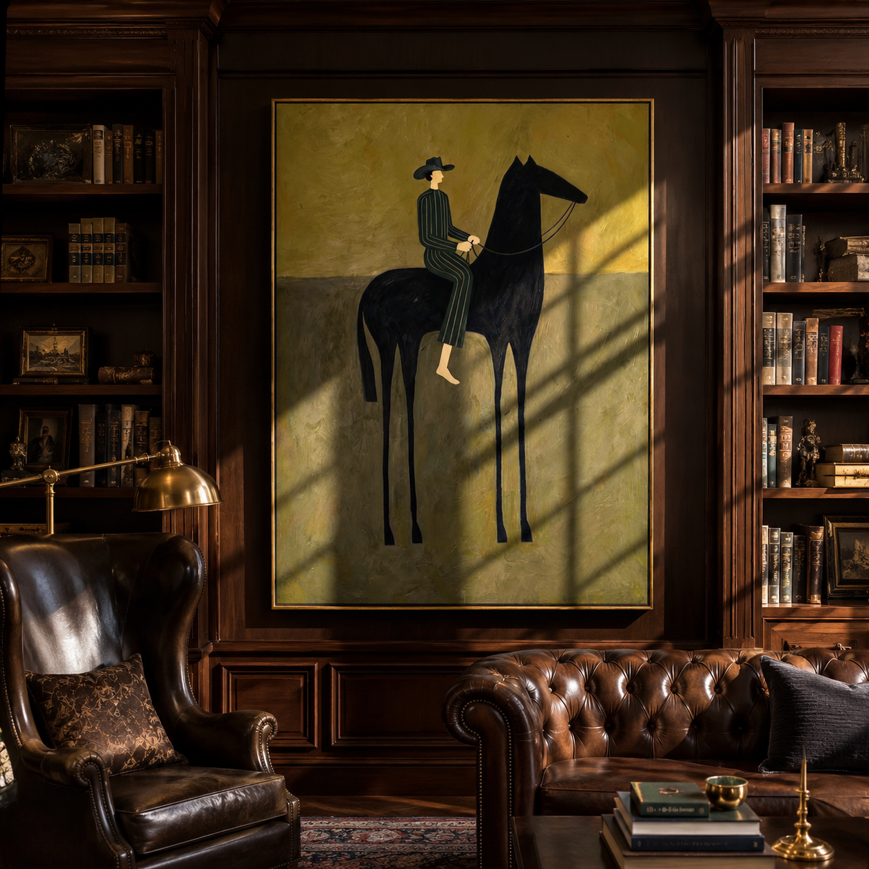 Blue Stripes Sit above the Black Horse - striped horse rider painting by Isabelle Laurent, modern Western vertical wall art – styled room scene view 4