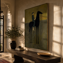 Blue Stripes Sit above the Black Horse - striped horse rider painting by Isabelle Laurent, modern Western vertical wall art – styled room scene view 5