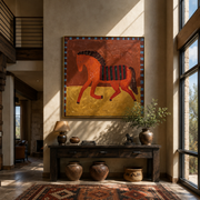Red Horse Walks across the Golden Square - striped red horse painting by Isabelle Laurent, modern Western square wall art – styled room scene view 1