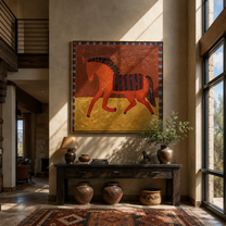 Red Horse Walks across the Golden Square - striped red horse painting by Isabelle Laurent, modern Western square wall art – styled room scene view 1