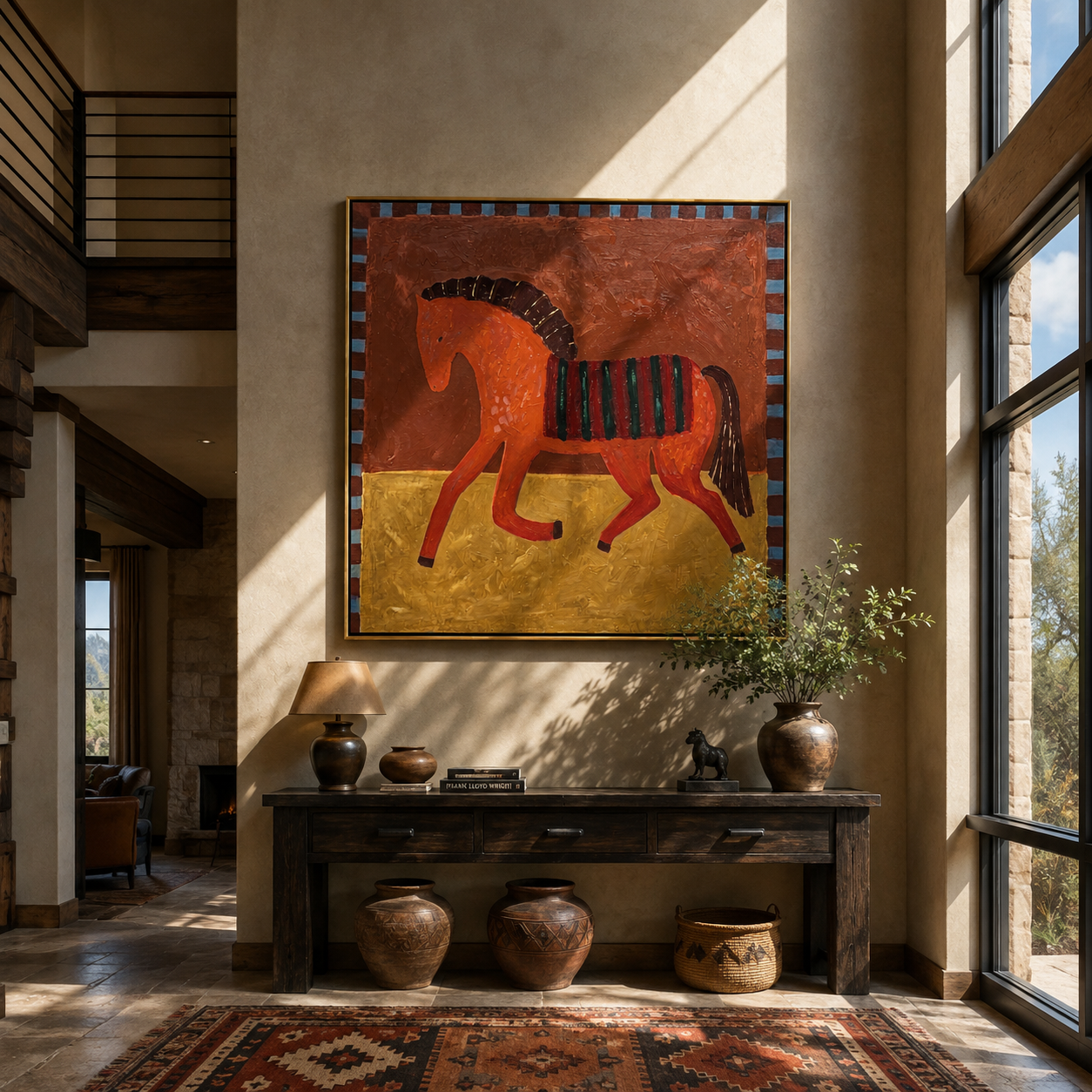 Red Horse Walks across the Golden Square - striped red horse painting by Isabelle Laurent, modern Western square wall art – styled room scene view 1