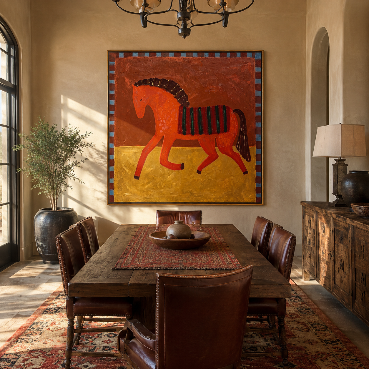 Red Horse Walks across the Golden Square - striped red horse painting by Isabelle Laurent, modern Western square wall art – styled room scene view 2