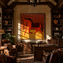 Red Horse Walks across the Golden Square - striped red horse painting by Isabelle Laurent, modern Western square wall art – styled room scene view 3