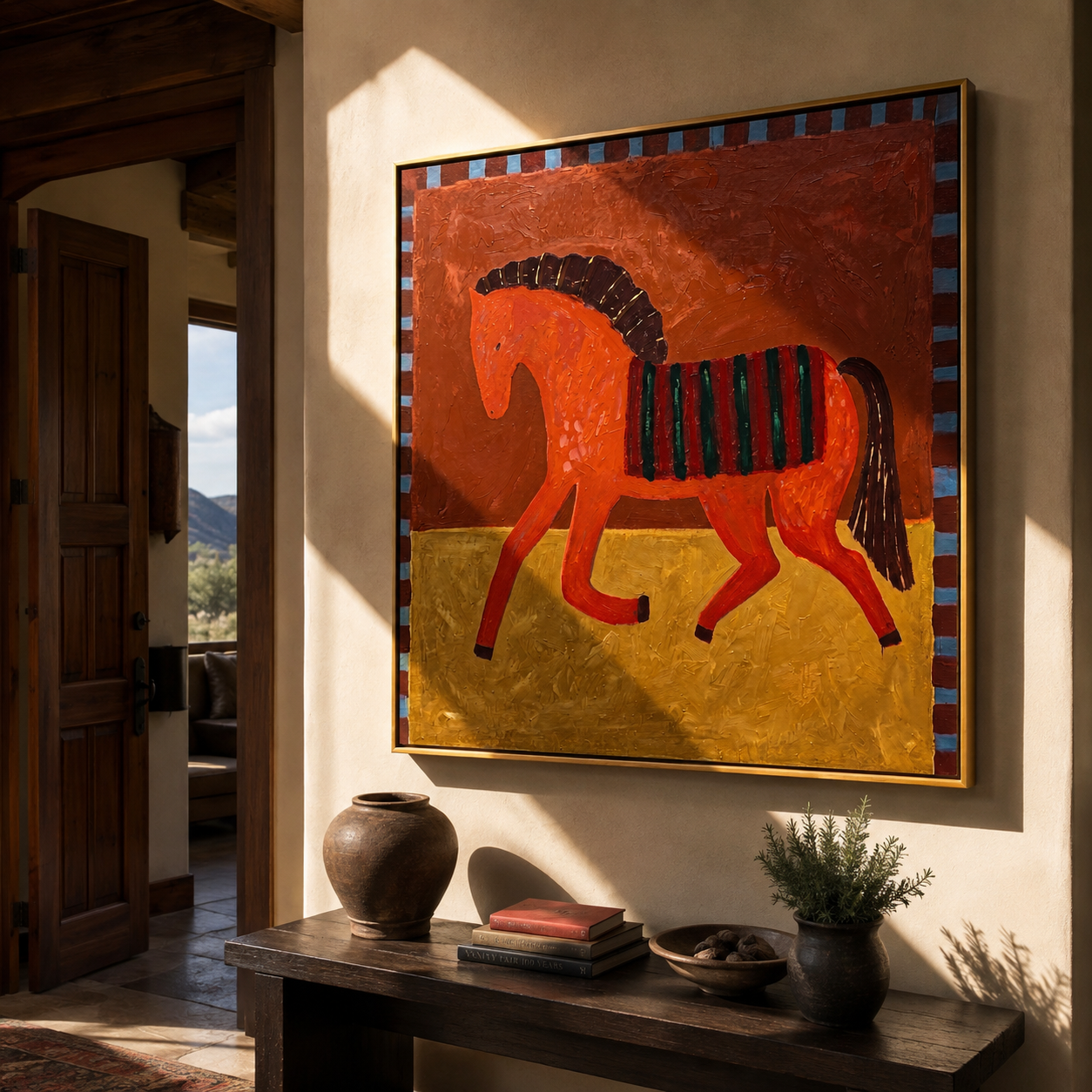 Red Horse Walks across the Golden Square - striped red horse painting by Isabelle Laurent, modern Western square wall art – styled room scene view 4