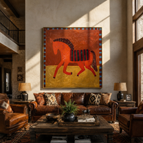 Red Horse Walks across the Golden Square - striped red horse painting by Isabelle Laurent, modern Western square wall art – styled room scene view 5