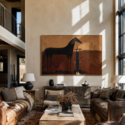 The Quiet Woman Stands beside the Black Horse - woman and black horse painting by Isabelle Laurent, modern Western horizontal wall art – styled room scene view 1
