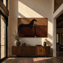 The Quiet Woman Stands beside the Black Horse - woman and black horse painting by Isabelle Laurent, modern Western horizontal wall art – styled room scene view 2