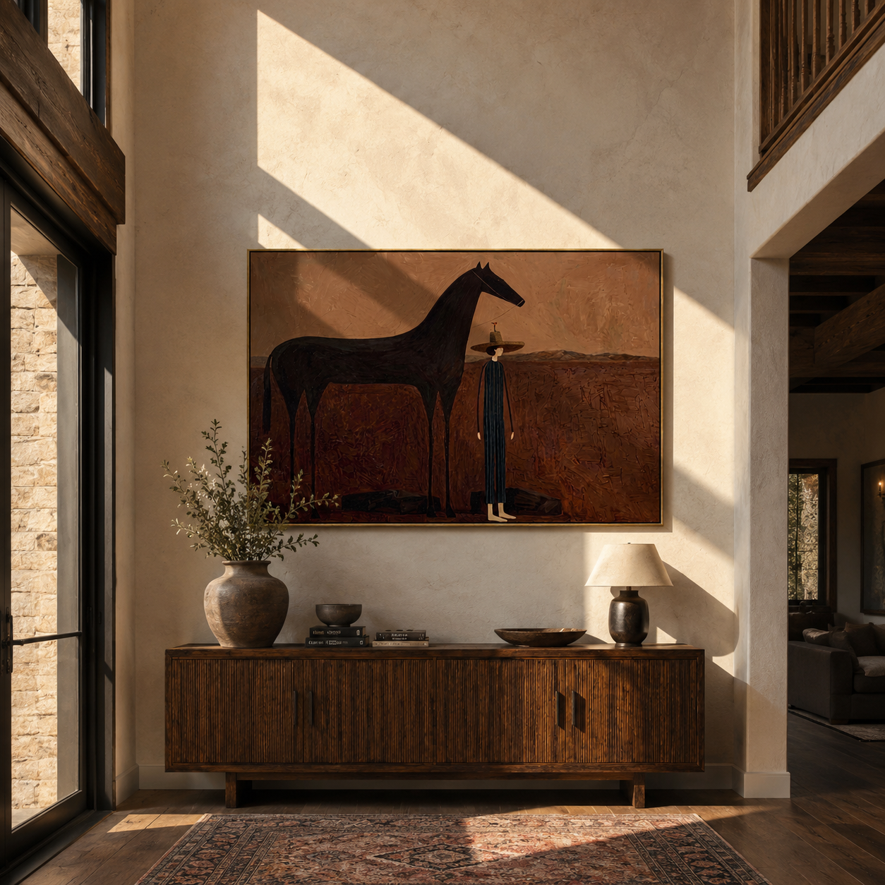 The Quiet Woman Stands beside the Black Horse - woman and black horse painting by Isabelle Laurent, modern Western horizontal wall art – styled room scene view 2