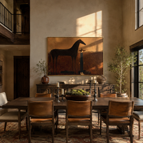 The Quiet Woman Stands beside the Black Horse - woman and black horse painting by Isabelle Laurent, modern Western horizontal wall art – styled room scene view 3