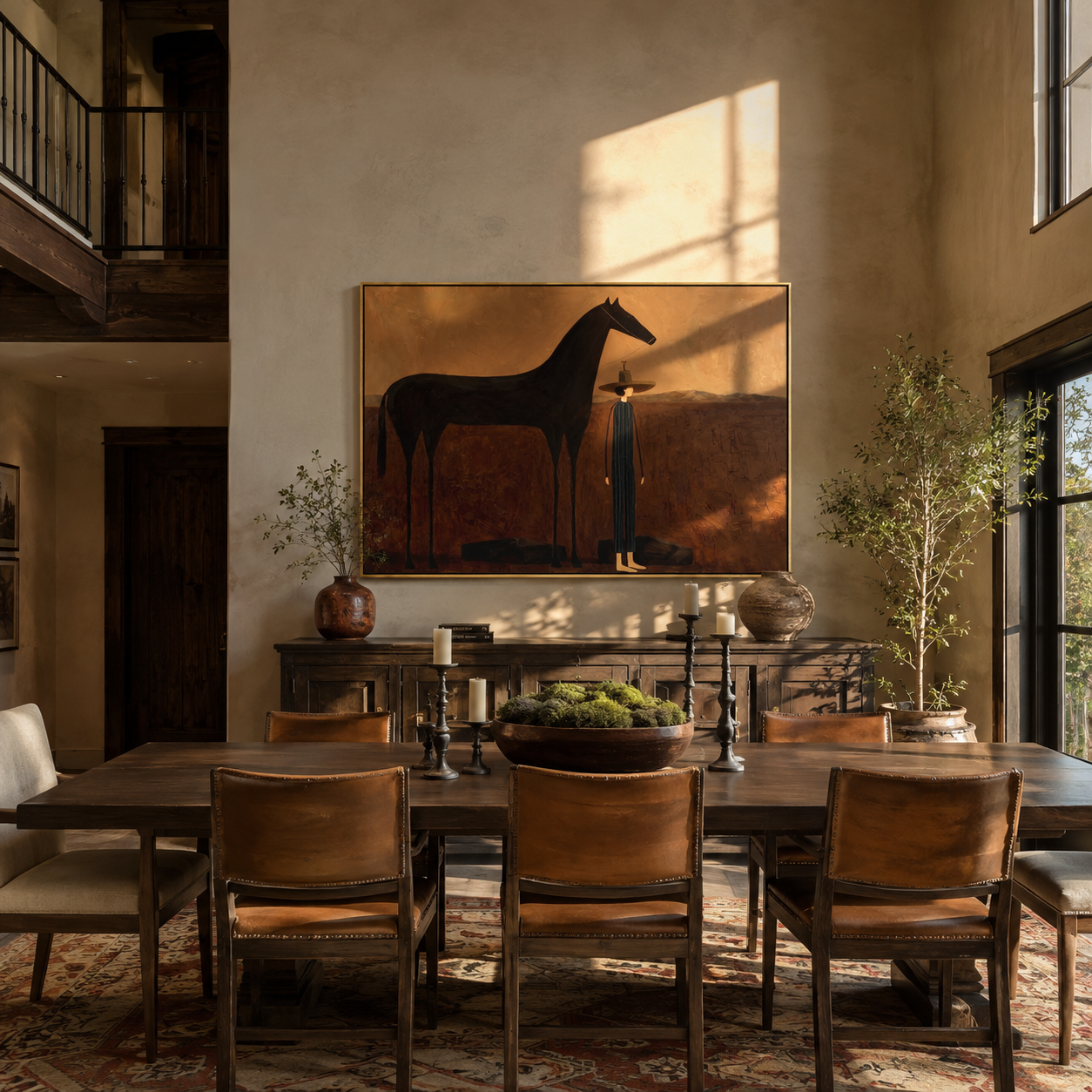 The Quiet Woman Stands beside the Black Horse - woman and black horse painting by Isabelle Laurent, modern Western horizontal wall art – styled room scene view 3