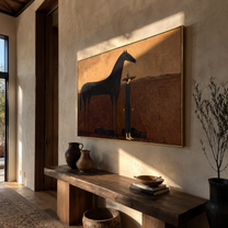 The Quiet Woman Stands beside the Black Horse - woman and black horse painting by Isabelle Laurent, modern Western horizontal wall art – styled room scene view 5