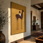 White Breeches Ride the Spotted Horse - spotted horse rider painting by Isabelle Laurent, modern Western vertical wall art – styled room scene view 1