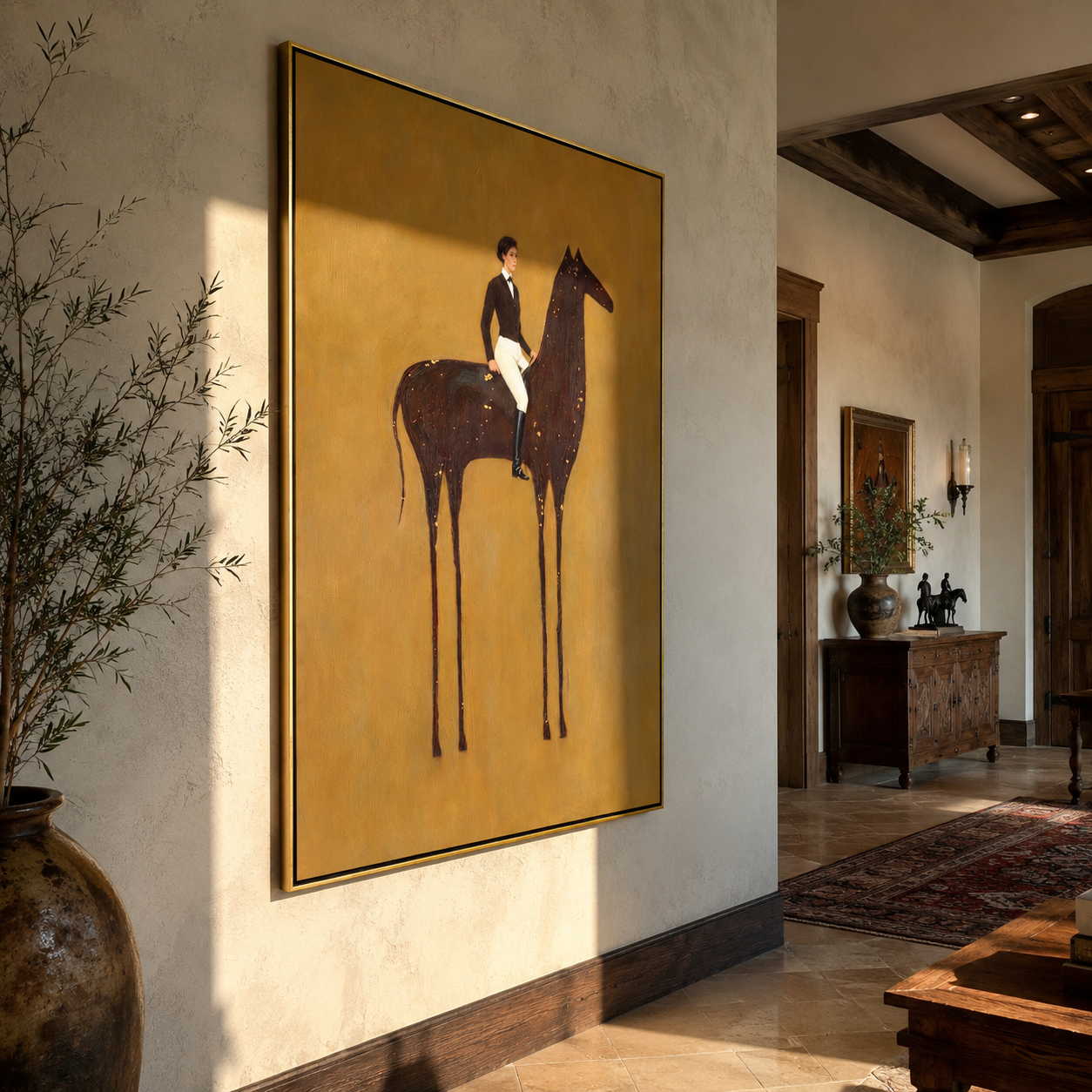 White Breeches Ride the Spotted Horse - spotted horse rider painting by Isabelle Laurent, modern Western vertical wall art – styled room scene view 1
