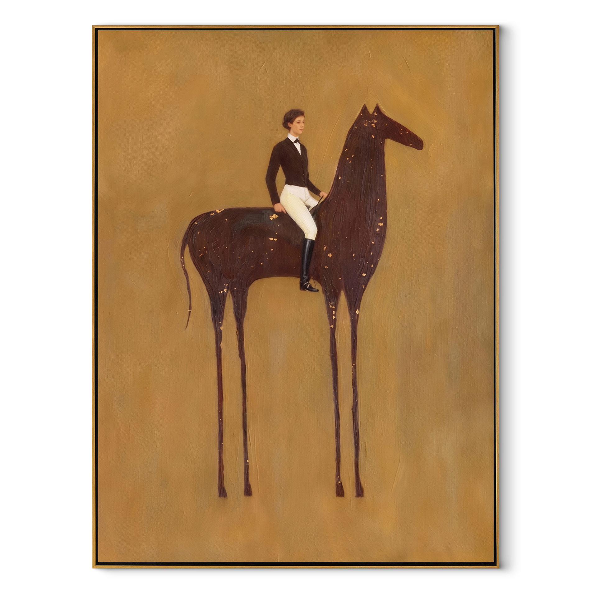 White Breeches Ride the Spotted Horse - spotted horse rider painting by Isabelle Laurent, modern Western vertical wall art – wood frame on white background