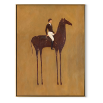 White Breeches Ride the Spotted Horse - spotted horse rider painting by Isabelle Laurent, modern Western vertical wall art – wood frame on white background