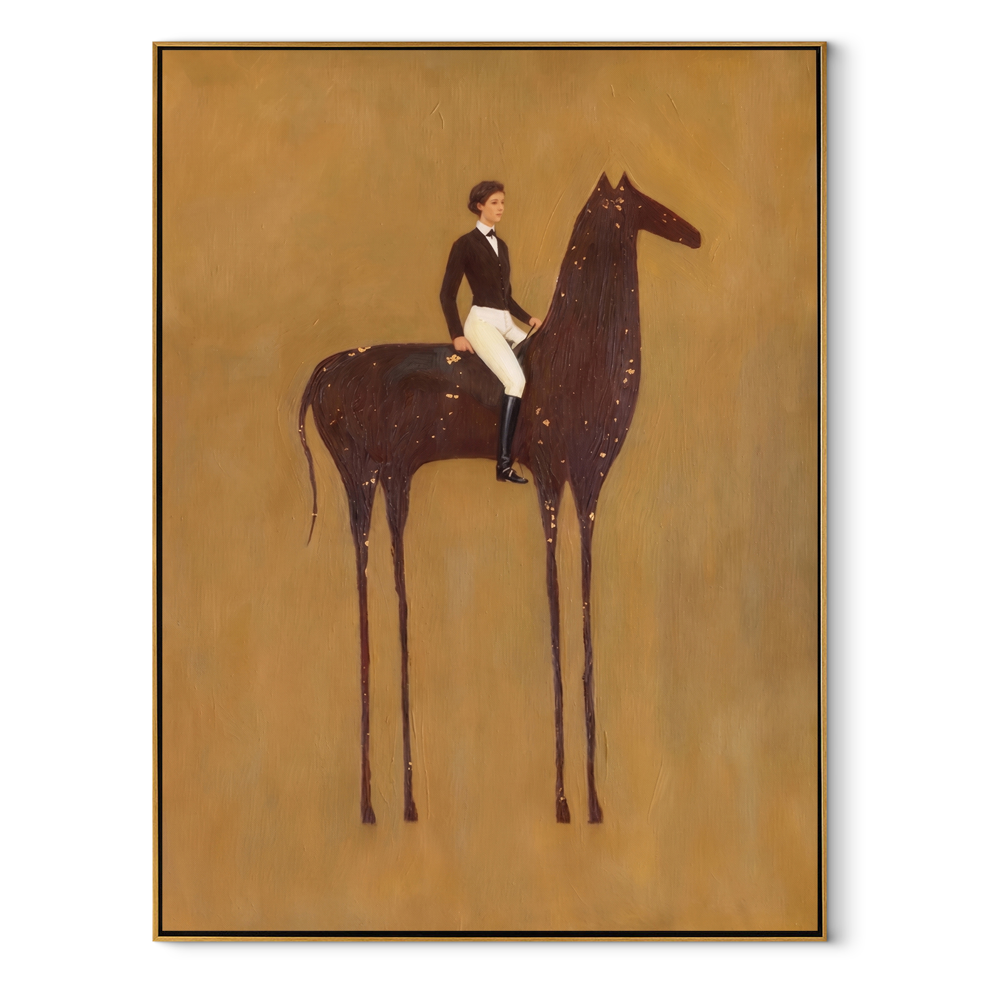 White Breeches Ride the Spotted Horse - spotted horse rider painting by Isabelle Laurent, modern Western vertical wall art – wood frame on white background