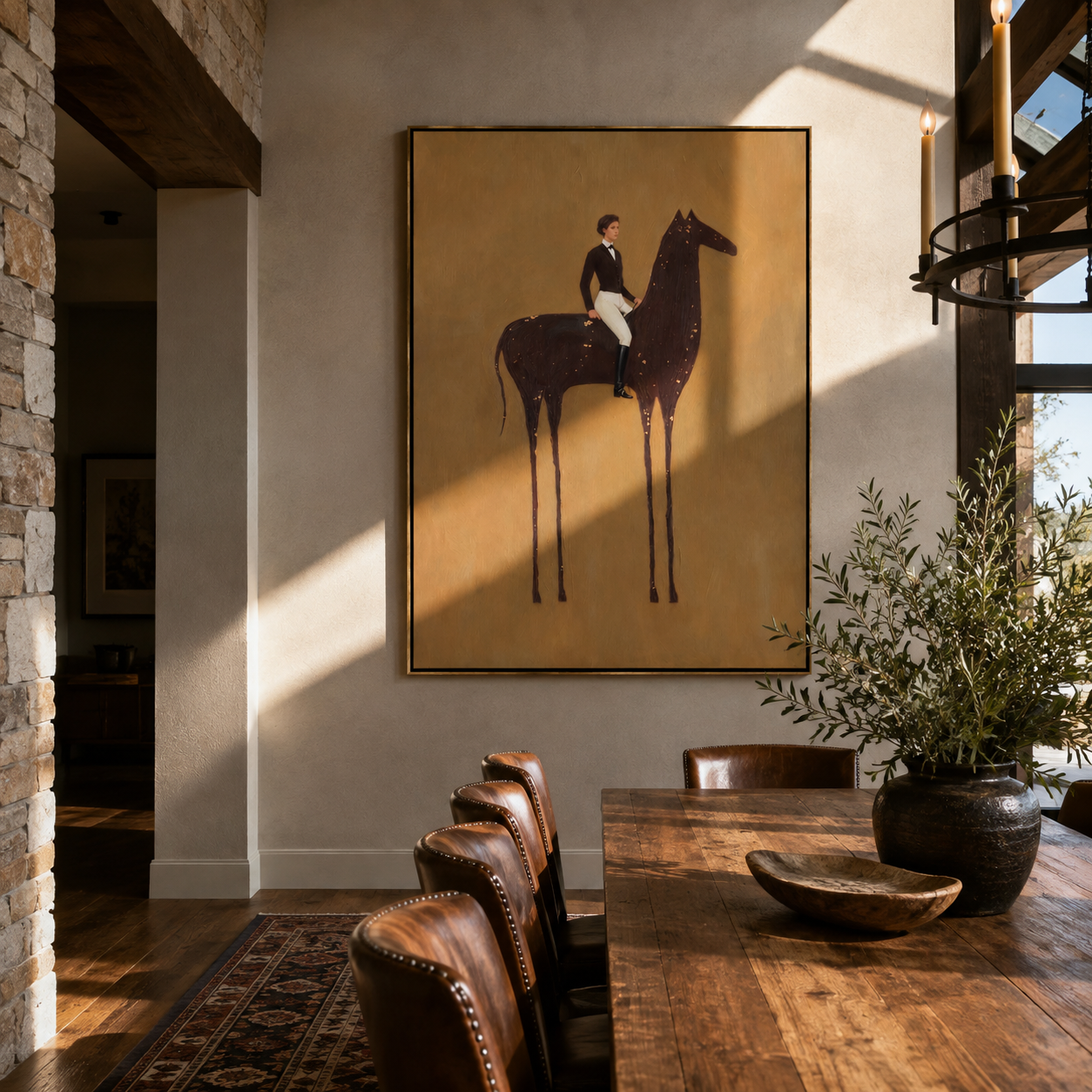 White Breeches Ride the Spotted Horse - spotted horse rider painting by Isabelle Laurent, modern Western vertical wall art – styled room scene view 2