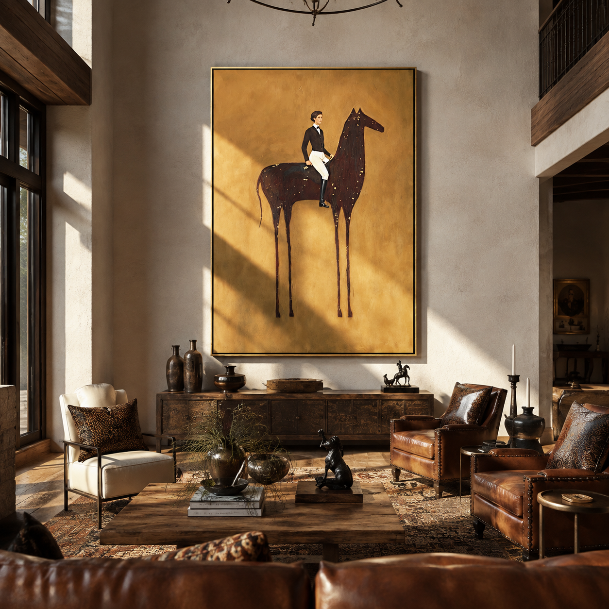 White Breeches Ride the Spotted Horse - spotted horse rider painting by Isabelle Laurent, modern Western vertical wall art – styled room scene view 3
