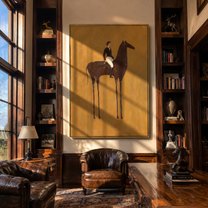 White Breeches Ride the Spotted Horse - spotted horse rider painting by Isabelle Laurent, modern Western vertical wall art – styled room scene view 4