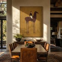 White Breeches Ride the Spotted Horse - spotted horse rider painting by Isabelle Laurent, modern Western vertical wall art – styled room scene view 5