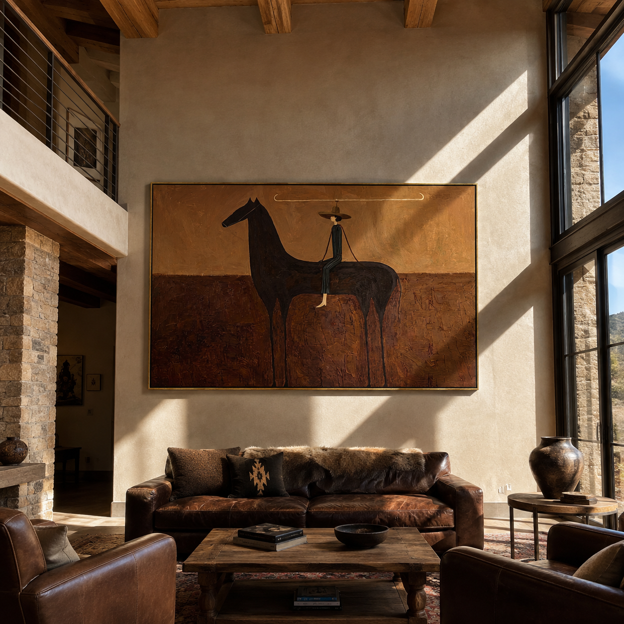 Long Reins Join Woman and Black Horse - woman and horse painting by Isabelle Laurent, modern Western horizontal wall art – styled room scene view 1