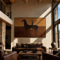 Long Reins Join Woman and Black Horse - woman and horse painting by Isabelle Laurent, modern Western horizontal wall art – styled room scene view 1