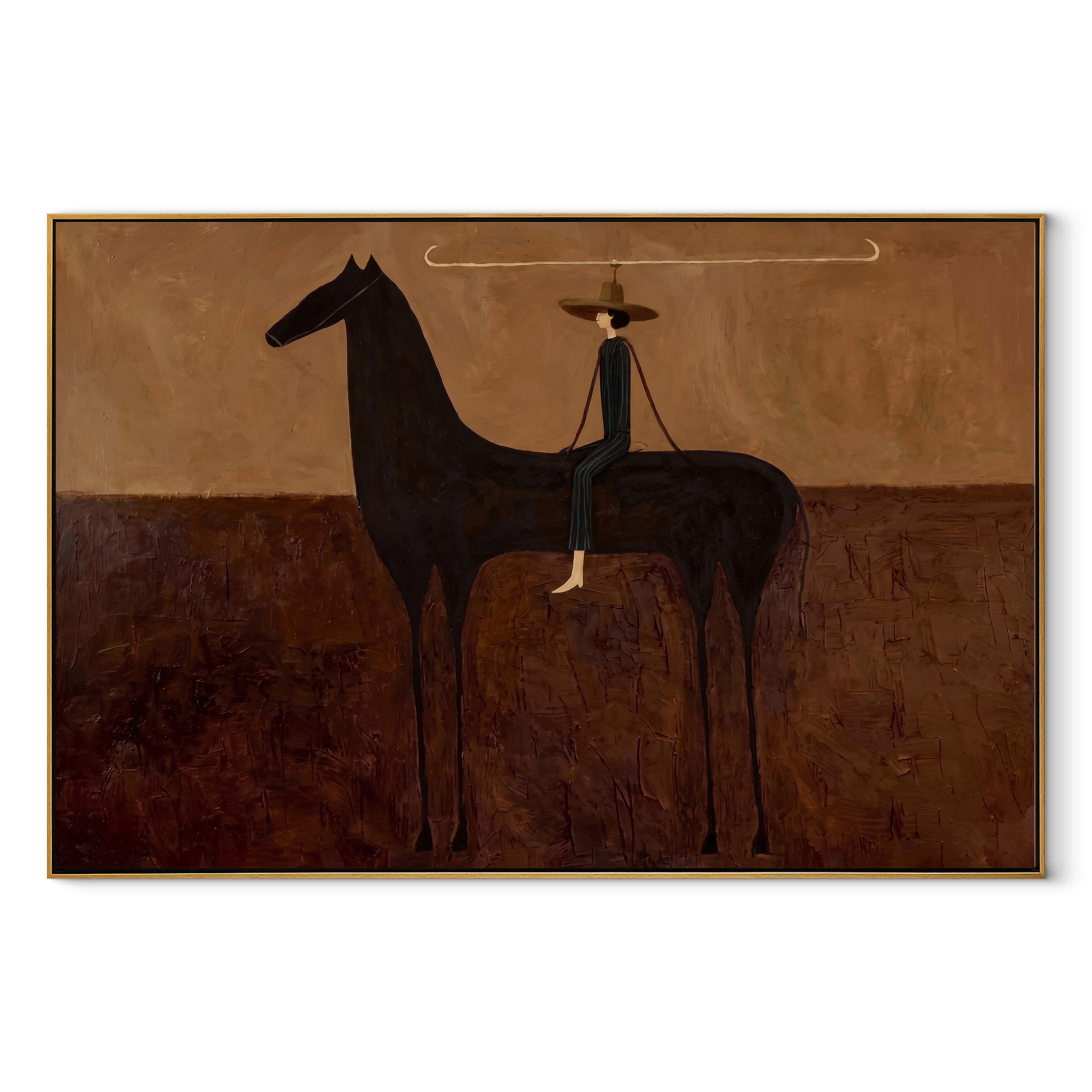 Long Reins Join Woman and Black Horse - woman and horse painting by Isabelle Laurent, modern Western horizontal wall art – wood frame on white background