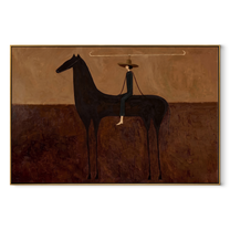 Long Reins Join Woman and Black Horse - woman and horse painting by Isabelle Laurent, modern Western horizontal wall art – wood frame on white background