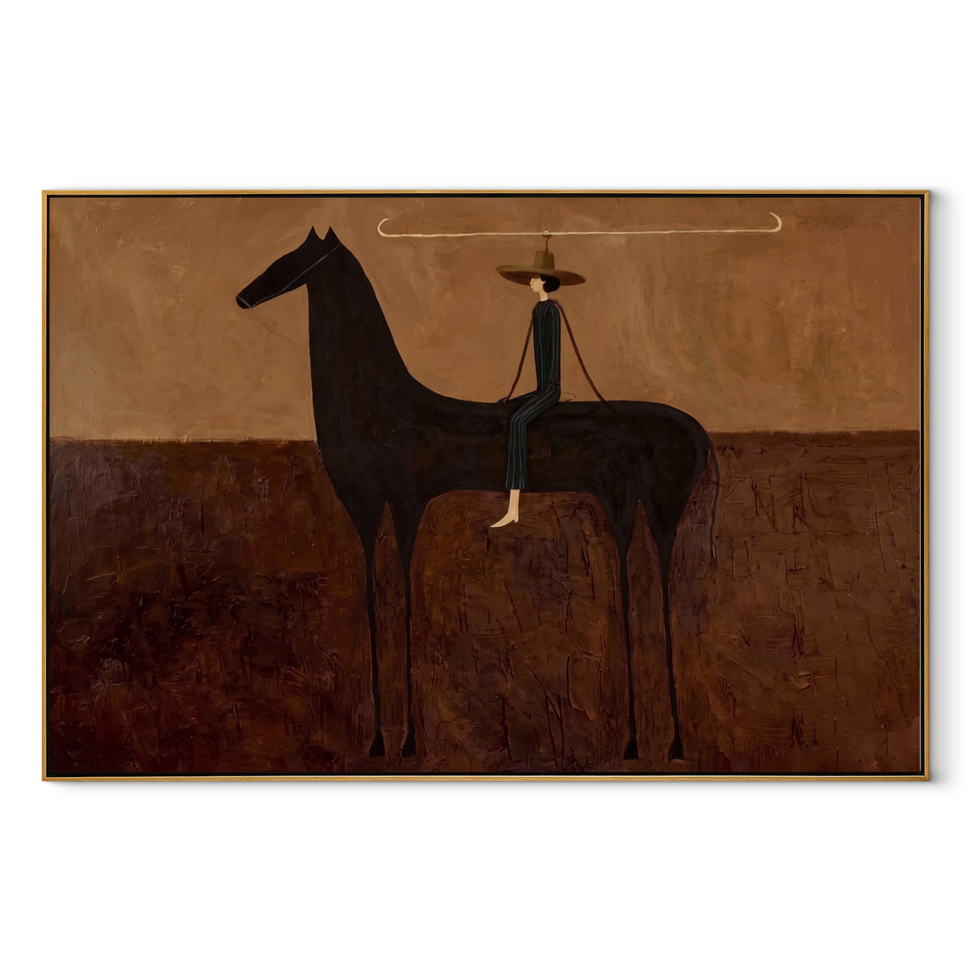 Long Reins Join Woman and Black Horse - woman and horse painting by Isabelle Laurent, modern Western horizontal wall art – wood frame on white background
