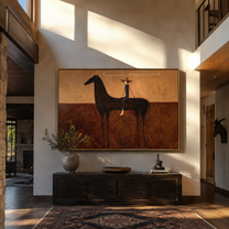 Long Reins Join Woman and Black Horse - woman and horse painting by Isabelle Laurent, modern Western horizontal wall art – styled room scene view 2