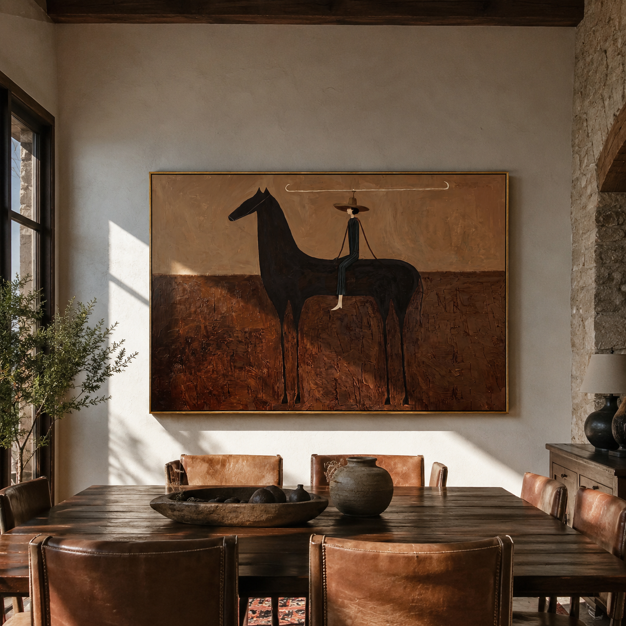 Long Reins Join Woman and Black Horse - woman and horse painting by Isabelle Laurent, modern Western horizontal wall art – styled room scene view 3