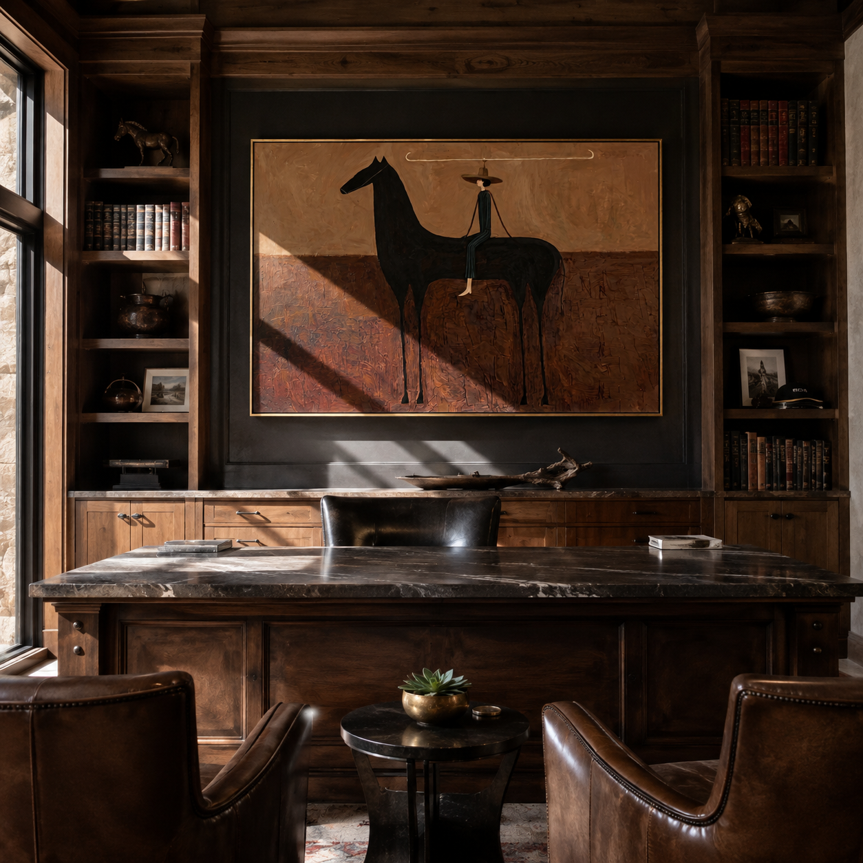 Long Reins Join Woman and Black Horse - woman and horse painting by Isabelle Laurent, modern Western horizontal wall art – styled room scene view 4