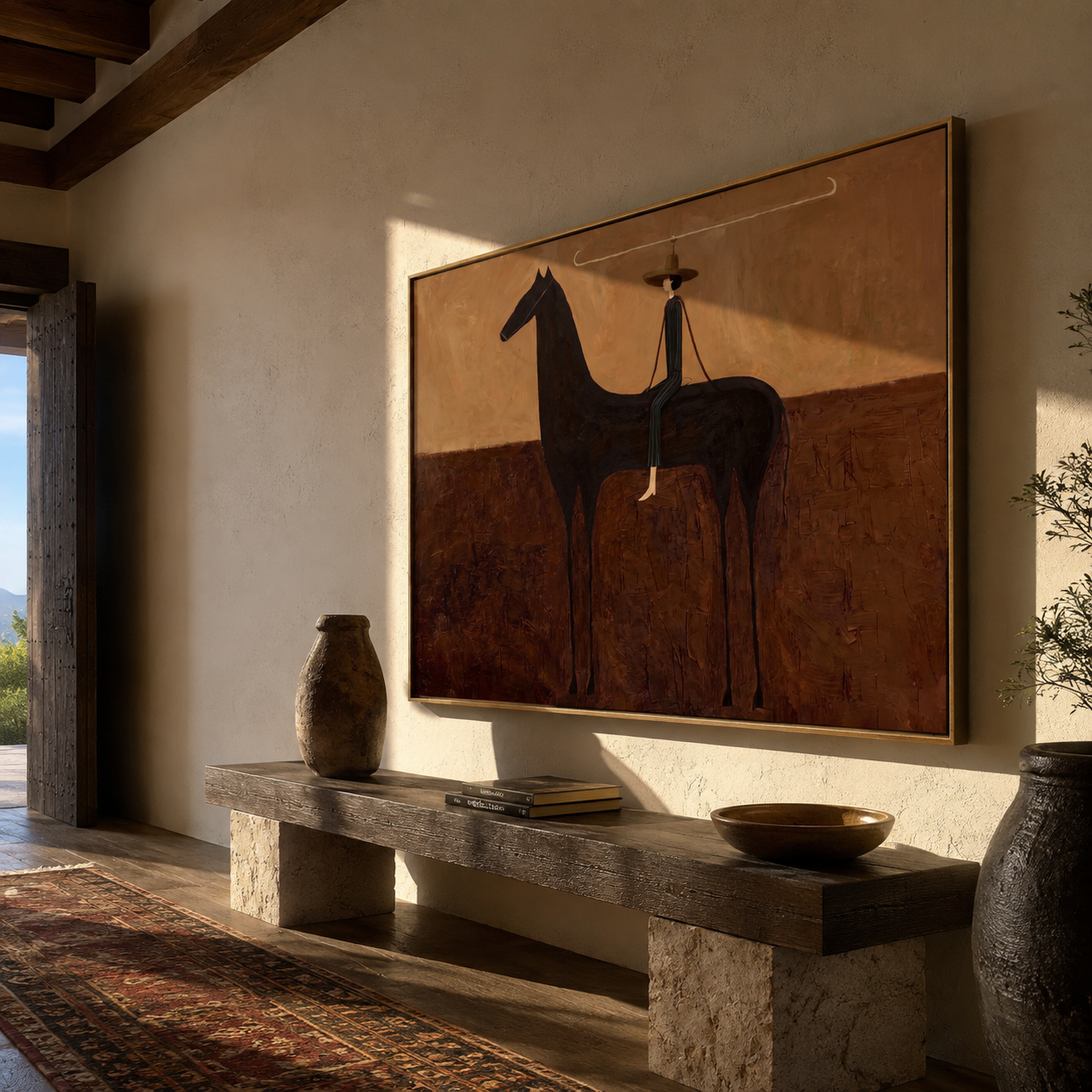 Long Reins Join Woman and Black Horse - woman and horse painting by Isabelle Laurent, modern Western horizontal wall art – styled room scene view 5