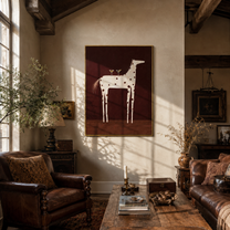 Three Glasses Crown the White Horse - white spotted horse painting by Isabelle Laurent, modern Western vertical wall art – styled room scene view 1