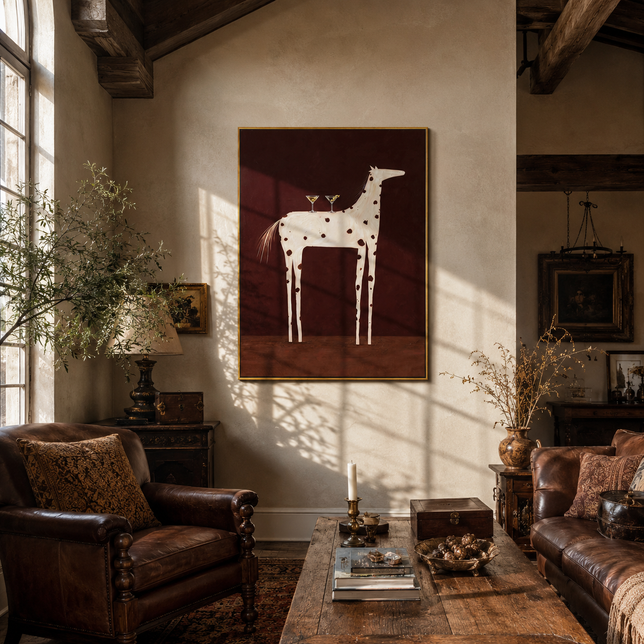Three Glasses Crown the White Horse - white spotted horse painting by Isabelle Laurent, modern Western vertical wall art – styled room scene view 1