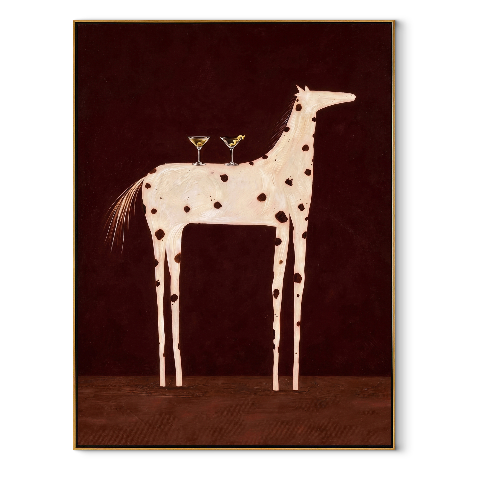 Three Glasses Crown the White Horse - white spotted horse painting by Isabelle Laurent, modern Western vertical wall art – wood frame on white background