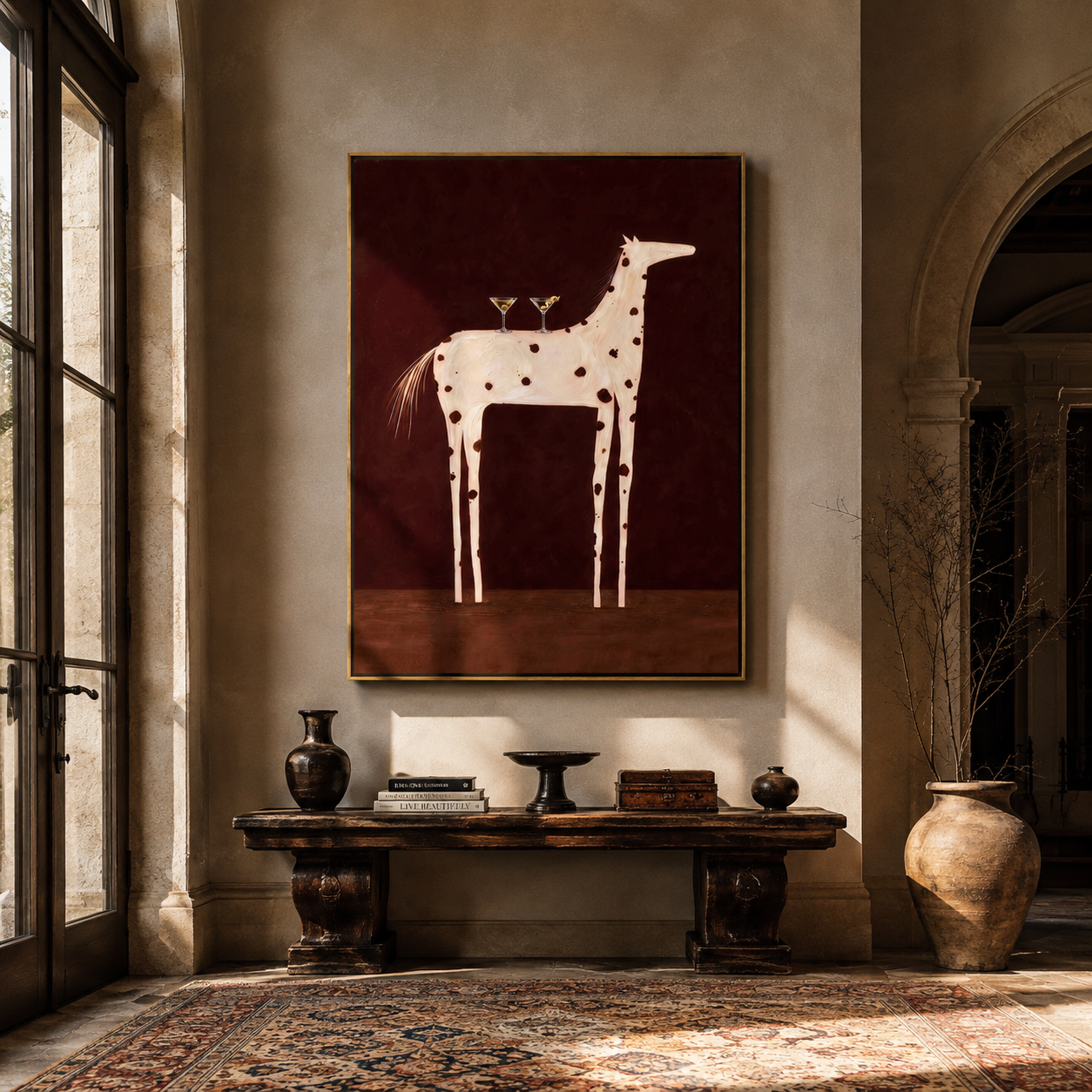 Three Glasses Crown the White Horse - white spotted horse painting by Isabelle Laurent, modern Western vertical wall art – styled room scene view 2