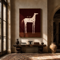 Three Glasses Crown the White Horse - white spotted horse painting by Isabelle Laurent, modern Western vertical wall art – styled room scene view 2