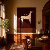 Three Glasses Crown the White Horse - white spotted horse painting by Isabelle Laurent, modern Western vertical wall art – styled room scene view 3