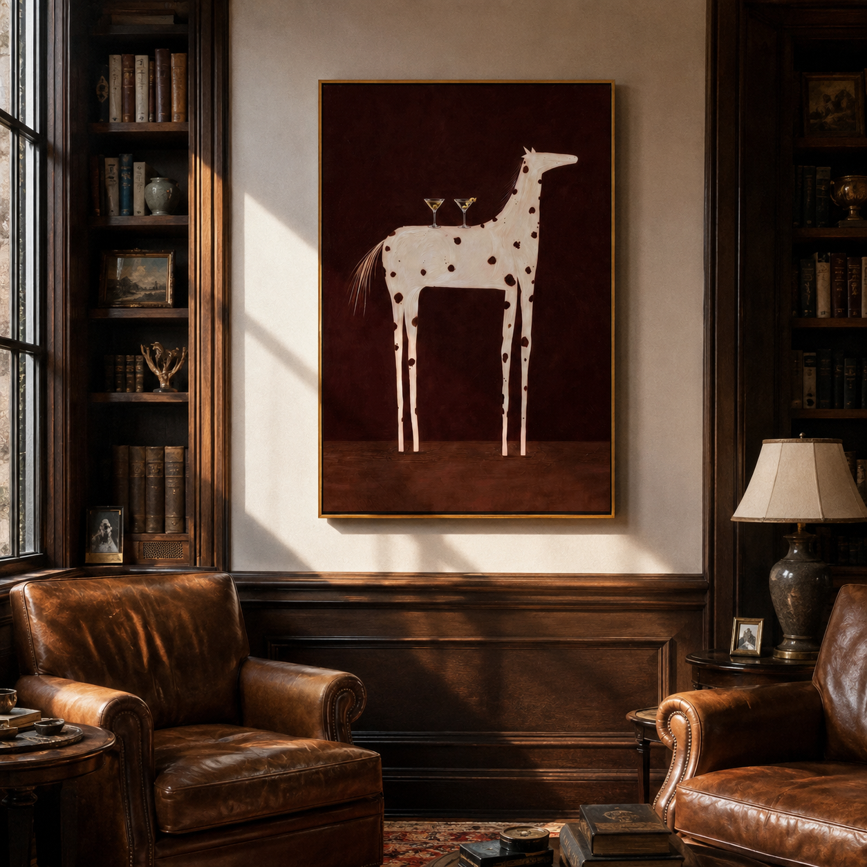 Three Glasses Crown the White Horse - white spotted horse painting by Isabelle Laurent, modern Western vertical wall art – styled room scene view 4