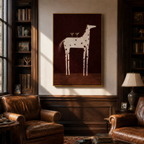 Three Glasses Crown the White Horse - white spotted horse painting by Isabelle Laurent, modern Western vertical wall art – styled room scene view 4