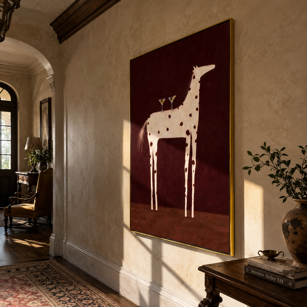 Three Glasses Crown the White Horse - white spotted horse painting by Isabelle Laurent, modern Western vertical wall art – styled room scene view 5