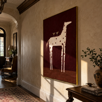 Three Glasses Crown the White Horse - white spotted horse painting by Isabelle Laurent, modern Western vertical wall art – styled room scene view 5