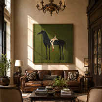 The Pale Rider Rests on the Black Horse - black horse rider painting by Isabelle Laurent, modern Western square wall art – styled room scene view 1