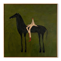 The Pale Rider Rests on the Black Horse - black horse rider painting by Isabelle Laurent, modern Western square wall art – wood frame on white background