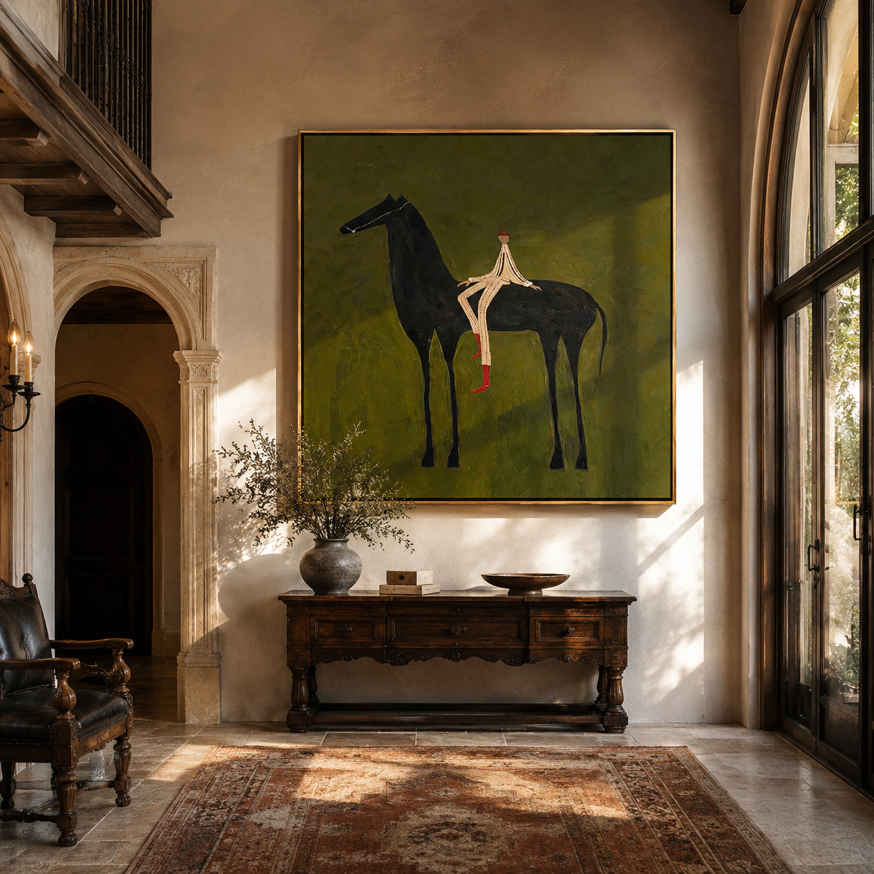 The Pale Rider Rests on the Black Horse - black horse rider painting by Isabelle Laurent, modern Western square wall art – styled room scene view 2